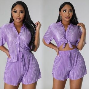 Pleated satin button down top and shorts in lavender
